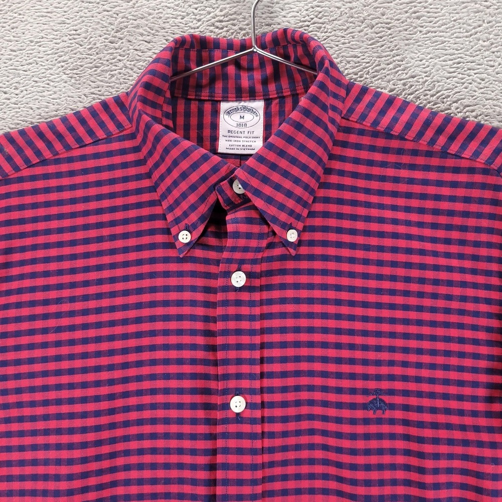 Brooks Brothers Shirt Mens M Red Check Regent Oxford 1818 Non Iron Stretch
